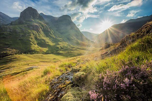 Valley view below the mountains of Glencoe Lochaber HIghlands Scotland