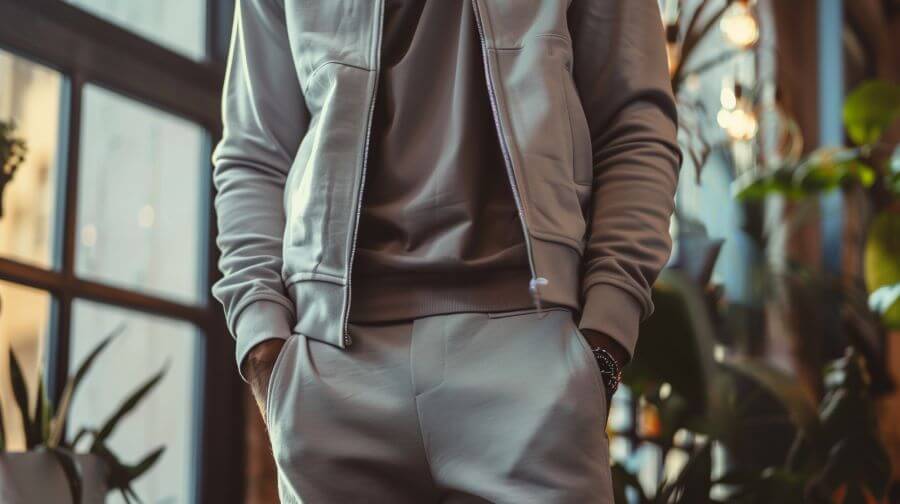 man wearing smart tracksuit at work