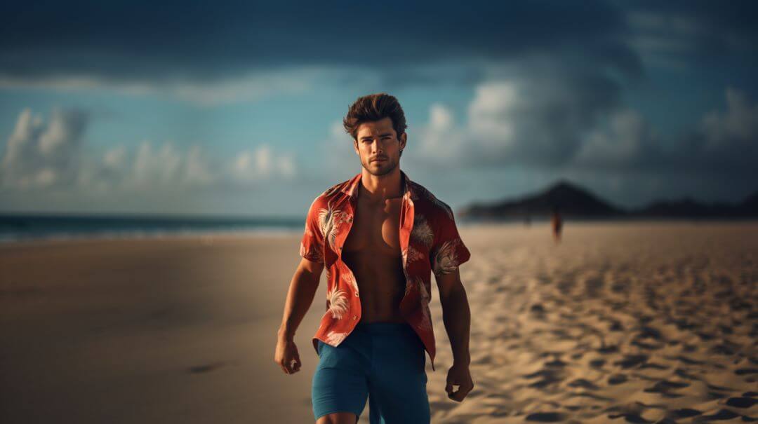 man walking on beach in tropical shirt and swim shorts