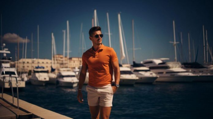man wearing polo shirt and shorts stands on marina