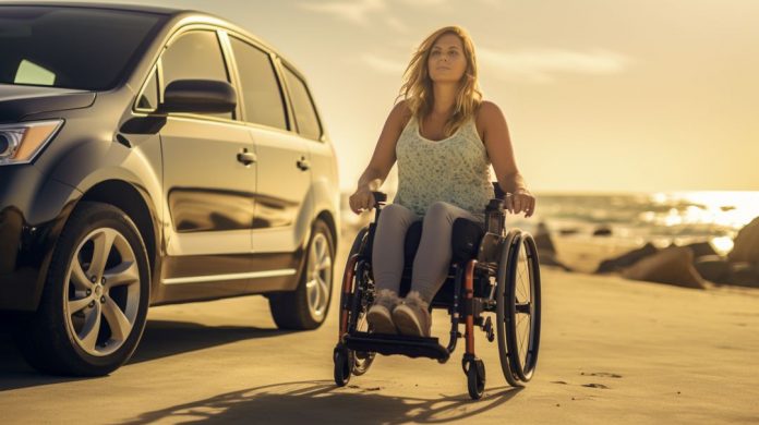 woman in wheelchair on beach with adapted vehicle