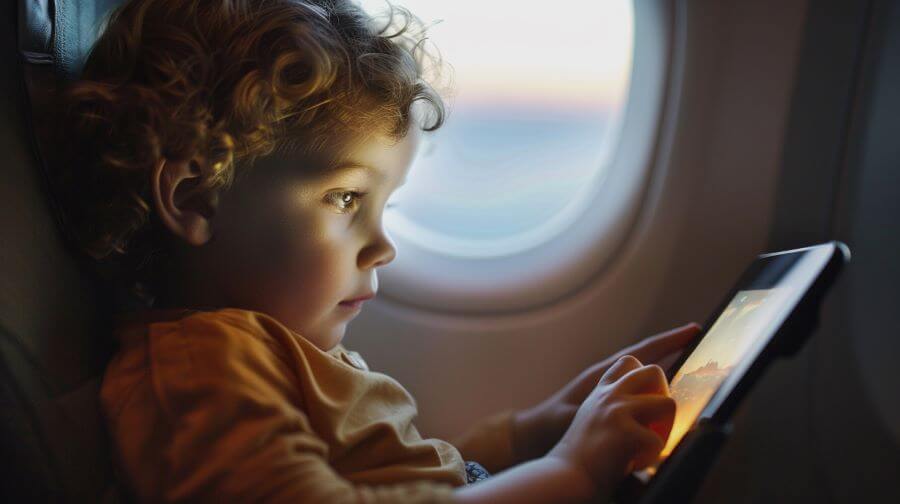 kid watching tablet on airplane