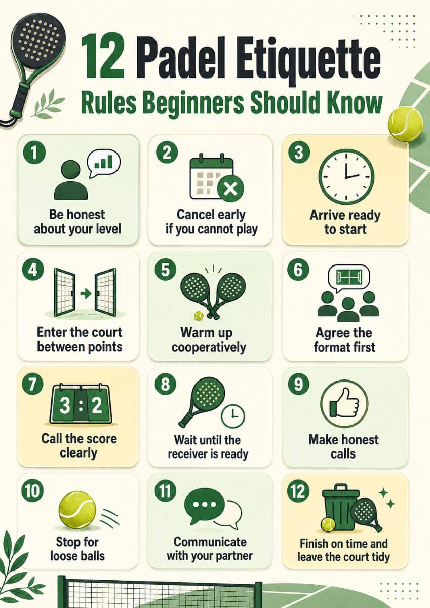 Infographic listing 12 padel etiquette rules for beginners, including arriving on time, warming up cooperatively, calling the score, stopping for loose balls and communicating with a partner