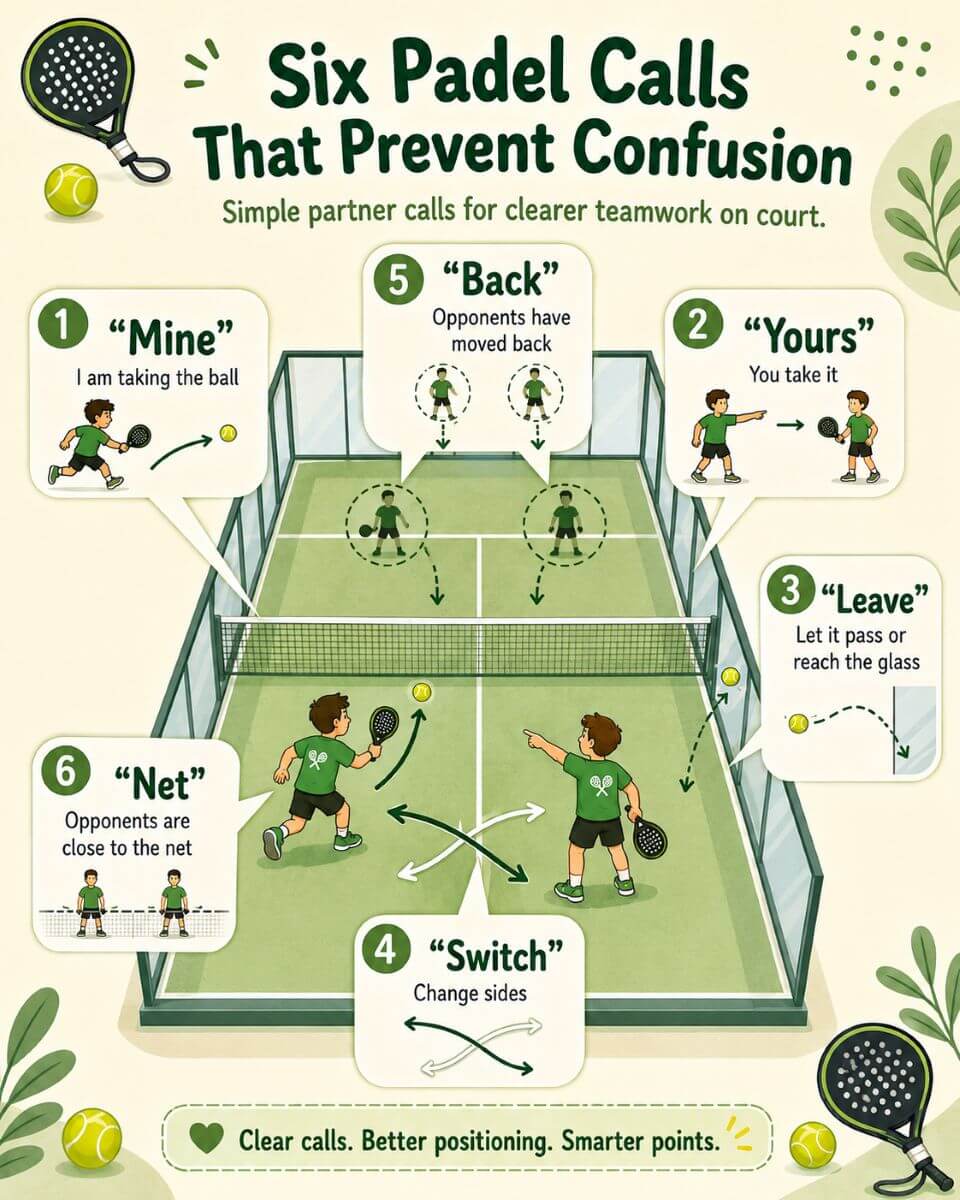 Padel communication infographic showing common doubles calls such as mine, yours, leave, switch, back and net
