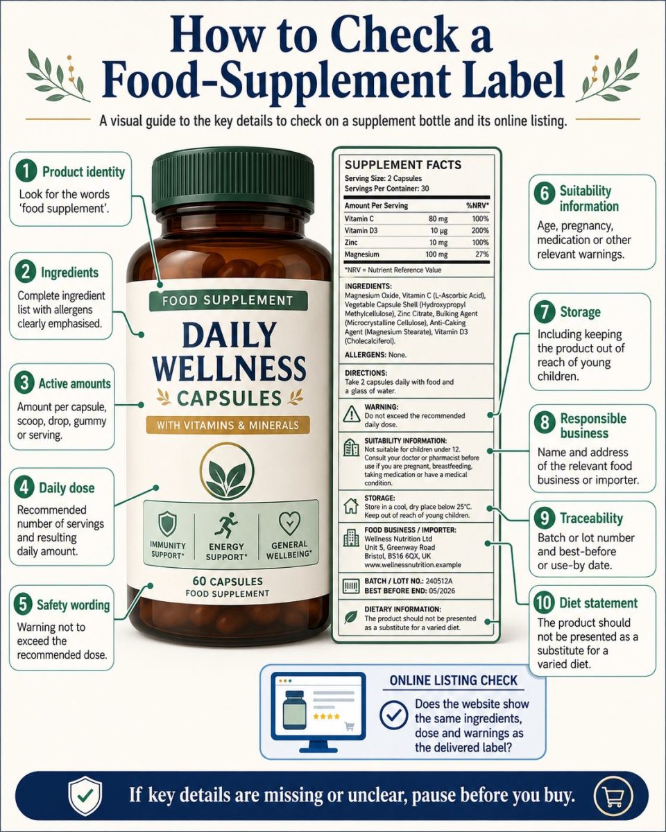 How to Check Vitamins, Supplements and Wellness Products Before Buying Online 2 Annotated food-supplement label showing ingredients, allergens, active amounts, daily dose, warnings, business details, batch number and date information