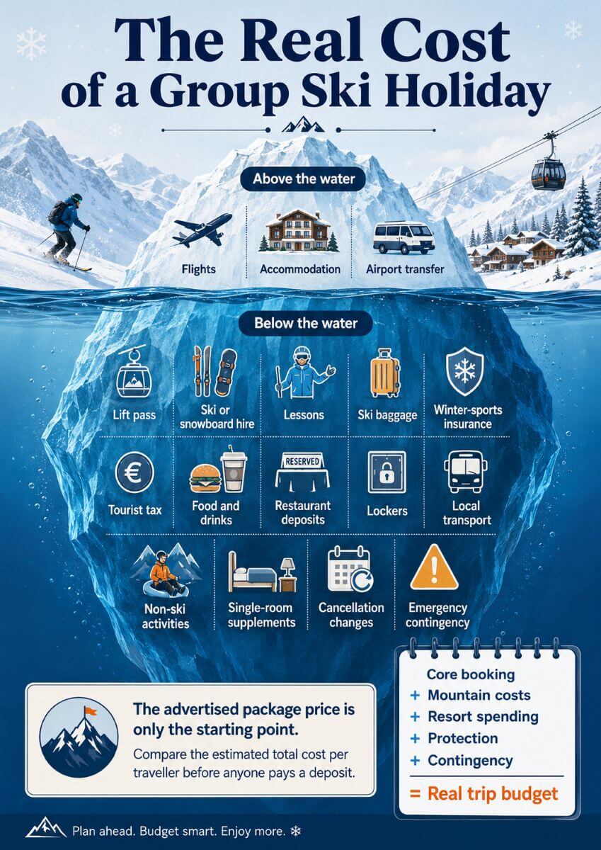 How to Plan a Stress-Free Ski Trip with Friends 3 Group ski holiday cost infographic covering travel, lift passes, equipment hire, lessons, food, insurance and contingency spending.