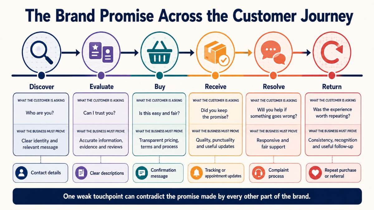 Customer journey showing how a small business proves its brand promise from discovery through repeat purchase