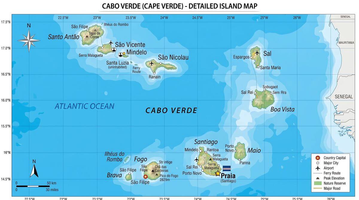 Best beaches in Cape Verde: where to swim, relax and kitesurf 1 the map of the islands of Cape verde