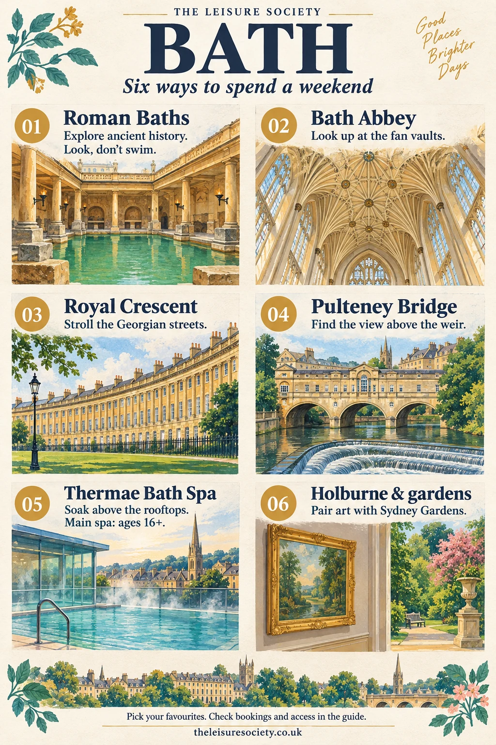Six illustrated Bath highlights: Roman Baths, Bath Abbey, Royal Crescent, Pulteney Bridge, Thermae Bath Spa, and the Holburne with Sydney Gardens.