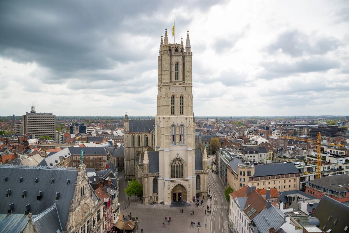 St Bavo's Cathedral and Sint-Baafsplein in Ghent viewed from the Belfry