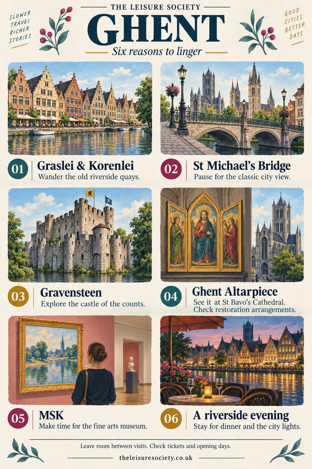 Six illustrated Ghent highlights: Graslei and Korenlei, St Michael’s Bridge, Gravensteen, the Ghent Altarpiece, MSK and a riverside evening.