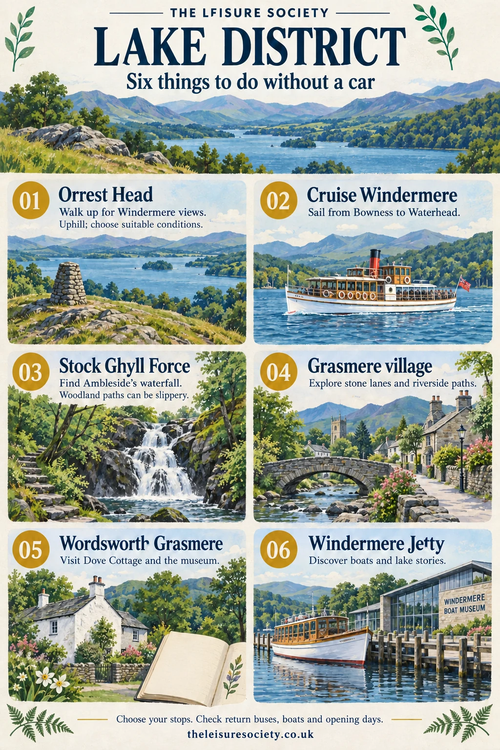 Six car-free Lake District ideas: Orrest Head, a Windermere cruise, Stock Ghyll Force, Grasmere, Wordsworth Grasmere and Windermere Jetty.